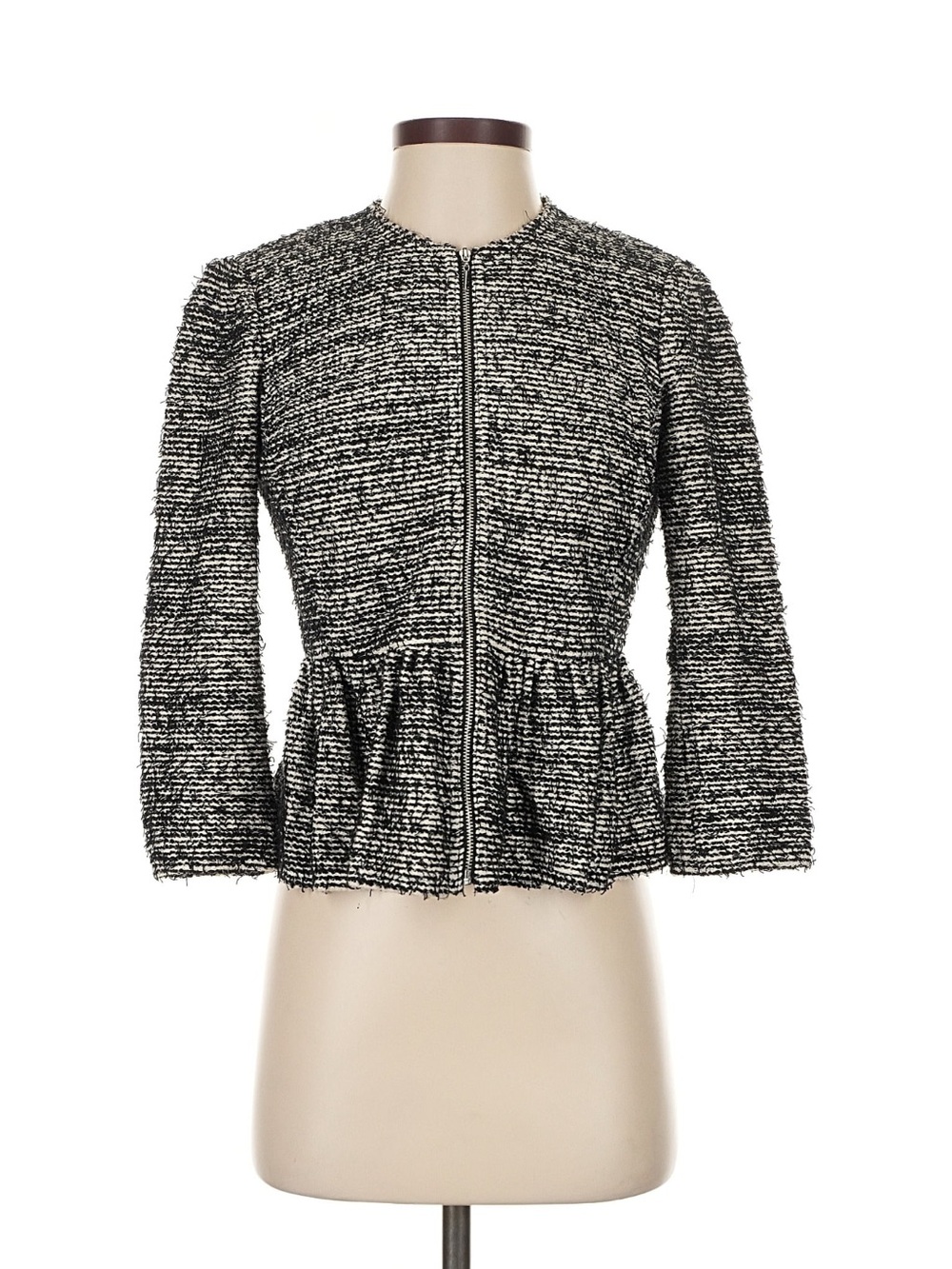 Rebecca Taylor Black White Tweed Peplum Zip Jacket Blazer Size 2